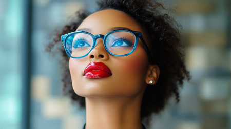 A confident woman with curly hair looks upwards, highlighting her blue glasses and bright red lips while surrounded by a modern indoor setting.の素材