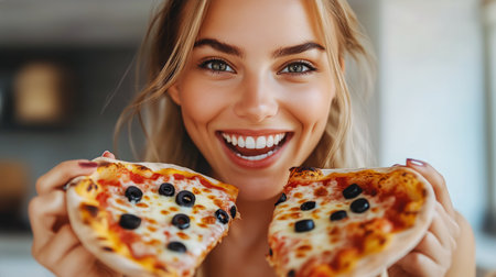 A joyful woman smiles widely while holding two slices of pizza topped with black olives. The kitchen is bright and contemporary, showcasing an inviting atmosphere.の素材