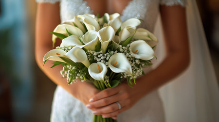A bride stands indoors, holding a beautiful bouquet filled with white calla lilies and delicate greenery. The setting is warm and intimate, filled with wedding preparations.の素材
