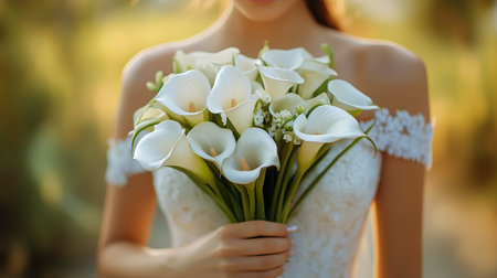 A bride stands indoors, holding a beautiful bouquet filled with white calla lilies and delicate greenery. The setting is warm and intimate, filled with wedding preparations.の素材