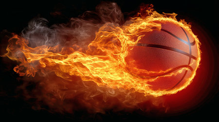 A basketball is seen shooting through the air, surrounded by flames and smoke, demonstrating intense motion. The dark background enhances the fiery effect of the balls rapid movement.の素材