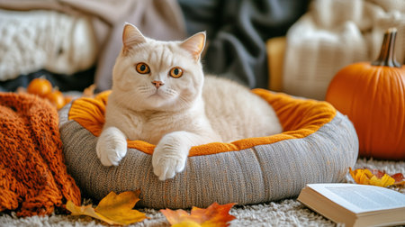 A relaxed cream-colored cat comfortably lies on its soft bed, surrounded by vibrant autumn leaves and pumpkins, creating a welcoming fall atmosphere indoors.の素材