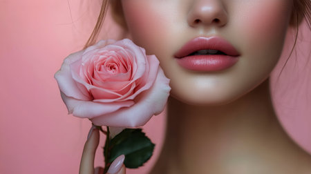 A woman gently holds a pink rose near her face. Her lips are softly colored, and the pink background enhances her delicate features, creating a serene and elegant atmosphere.の素材