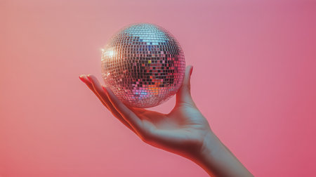 A hand delicately holds a sparkling disco ball, reflecting light and colors against a smooth pink backdrop. The scene captures a playful moment and vivid creativity.の素材
