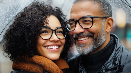 A couple stands close together, smiling brightly while sheltered under an umbrella. Snowflakes gently fall around them, creating a cozy atmosphere in the park.の素材