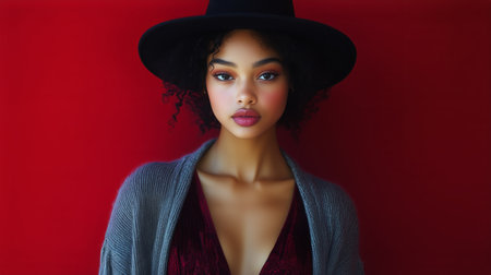 A young woman stands confidently in a black hat and stylish outfit against a bright red background, displaying a modern and artistic fashion look during the shooting session.の素材
