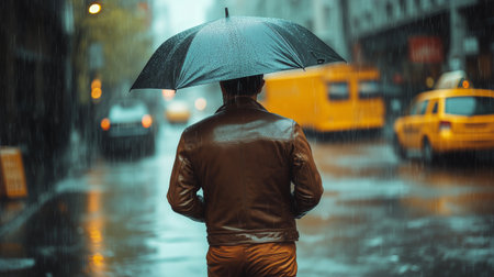 A person stands on a rainy street holding an umbrella, surrounded by reflections on wet pavement and urban activity. Yellow taxis pass by, creating a typical city atmosphere.の素材