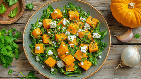 A colorful salad combines diced roasted pumpkin, creamy feta cheese, and fresh herbs, arranged on a rustic wooden table surrounded by onions and garlic.の素材