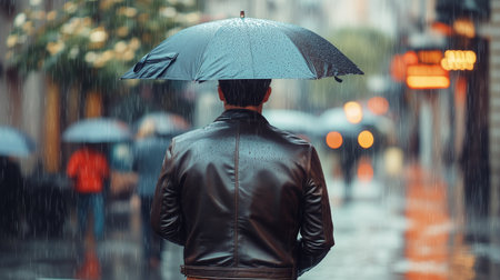 A man dressed in a leather jacket stands under an umbrella, observing the bustling city street in the rain as soft lights blur in the background during twilight.の素材