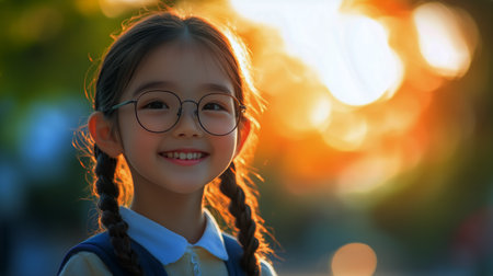A cheerful young girl with glasses stands smiling as the warm glow of sunset illuminates the background in a serene park setting.の素材