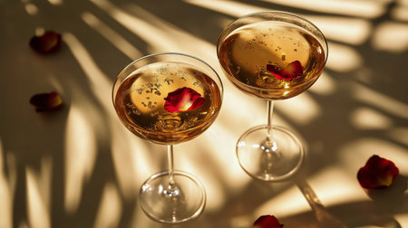 Two elegant cocktail glasses filled with a golden beverage feature rose petals floating on top, creating a romantic ambiance. Palm shadows add a warm touch to the setting.の素材