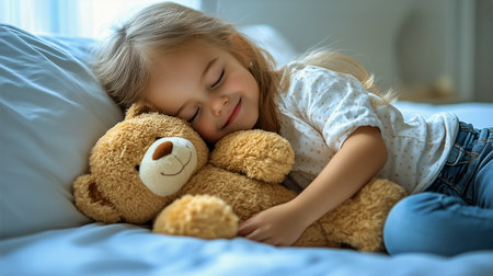 A child lies on a bed with a teddy bear, showing contentment and warmth. Soft sunlight enters the room, creating a tranquil atmosphere of comfort and joy.の素材