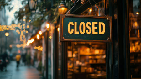 A quaint cafe displays a closed sign as the evening light casts a warm glow on the bustling street, inviting a peaceful ambiance. Soft illumination from nearby lights adds charm.の素材