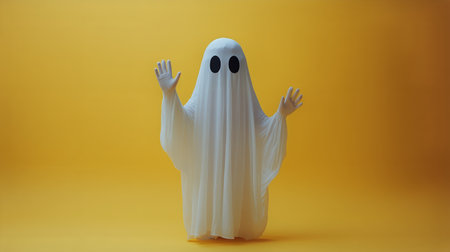 A ghost figure made from white fabric stands with raised hands in a joyful pose. The bright yellow background adds a fun and lively touch, perfect for festive occasions.の素材