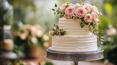 A beautifully crafted wedding cake features delicate pink roses and greenery, set in an enchanting location illuminated by soft natural light.の素材