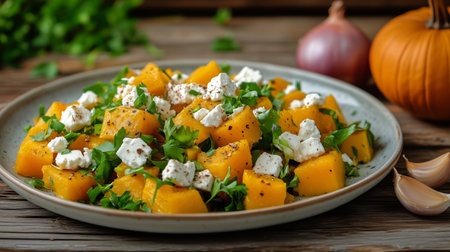 Freshly prepared salad features roasted pumpkin cubes, crumbled feta cheese, and vibrant herbs, presented on a rustic wooden table with garlic and an onion nearby.の素材