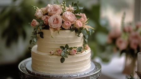 A beautifully crafted wedding cake features delicate pink roses and greenery, set in an enchanting location illuminated by soft natural light.の素材