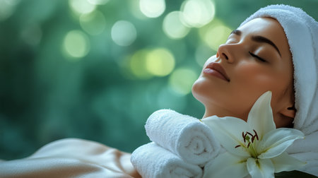 A woman enjoys a tranquil spa session surrounded by soft lighting and serene nature. Fresh flowers and towels enhance her peaceful atmosphere for relaxation and wellness.の素材