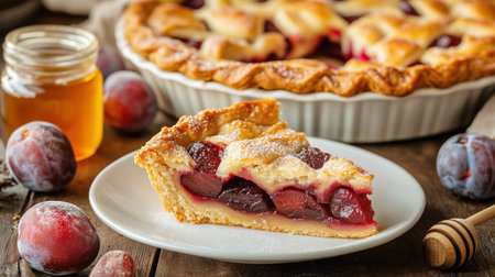 A slice of plum pie sits on a white plate, showing its rich filling. Whole plums are nearby, and a jar of honey adds a touch of sweetness to the rustic table setting.の素材