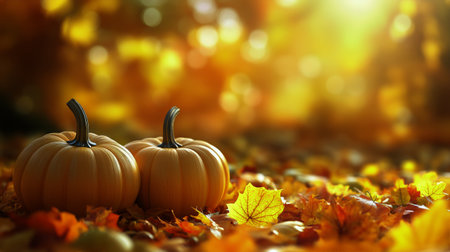 Two orange pumpkins rest on the ground among vibrant autumn leaves. Soft sunlight filters through the trees, creating a warm, inviting atmosphere of fall.の素材