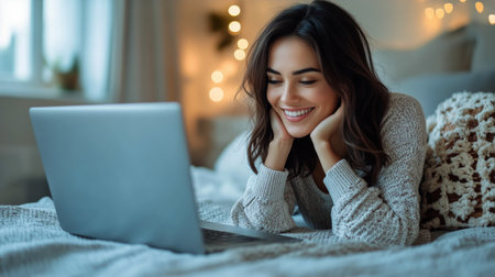 A young woman relaxes in a cozy room, smiling as she engages in an online activity. The soft lighting creates a warm, inviting atmosphere in the evening.の素材