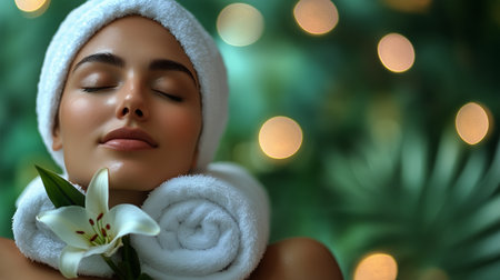 A woman enjoys a tranquil spa session surrounded by soft lighting and serene nature. Fresh flowers and towels enhance her peaceful atmosphere for relaxation and wellness.の素材