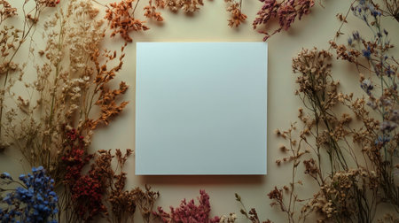 A blank canvas rests in the center, surrounded by an arrangement of dried flowers in hues of orange, pink, and blue, inviting creative thoughts and artistic expression.の素材