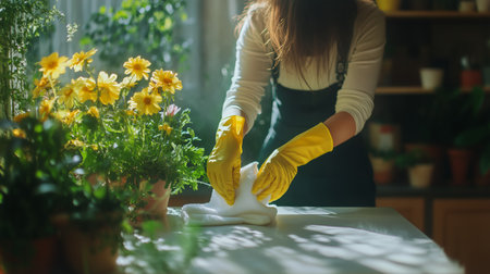 A person wearing yellow gloves is working in a bright indoor garden, arranging soil and caring for colorful flowers and plants during daylight hours.の素材