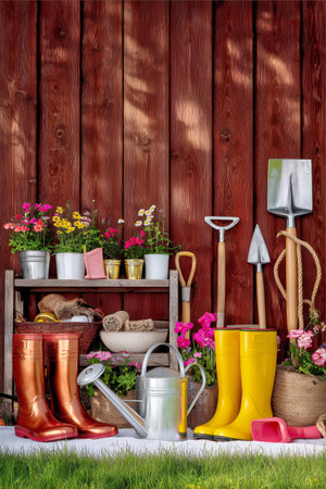 Shelves filled with gardening tools and potted flowers fill a rustic shed. Yellow rain boots sit near vibrant blooms and a watering can, suggesting gardening activities in spring.の素材