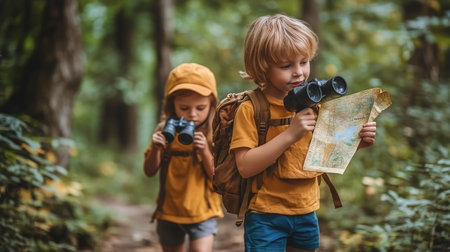 Two children dressed warmly in yellow jackets and hats walk a forest path. One child holds a map while the other carries a camera, excited to explore their surroundings.の素材