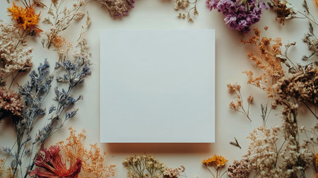 A blank canvas rests in the center, surrounded by an arrangement of dried flowers in hues of orange, pink, and blue, inviting creative thoughts and artistic expression.の素材