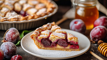 A slice of plum pie sits on a white plate, showing its rich filling. Whole plums are nearby, and a jar of honey adds a touch of sweetness to the rustic table setting.の素材