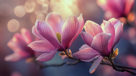 Magnolia flowers display vibrant pink petals while basking in the warm glow of the setting sun at a peaceful garden in springtime.の素材