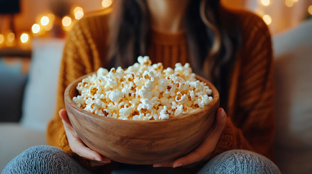 A young woman enjoys a bowl of popcorn while lounging at home in a cozy sweater. Soft lighting adds warmth to the room, creating a relaxed and inviting setting.の素材