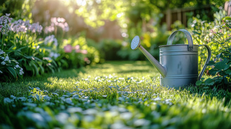 A metal watering can rests on soft grass, surrounded by vibrant flowers and plants, as warm afternoon sunlight filters through greenery, creating a serene garden atmosphere.の素材
