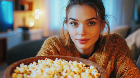 A young woman enjoys a bowl of popcorn while lounging at home in a cozy sweater. Soft lighting adds warmth to the room, creating a relaxed and inviting setting.の素材
