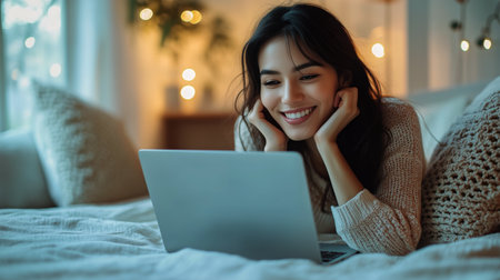 A young woman lies comfortably on her bed, smiling as she engages with her laptop in a warm, inviting room filled with natural light.の素材