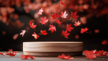 In a cozy autumn setting, vibrant red maple leaves float gracefully above a smooth wooden platform, showing the beauty of the season and the colors of nature.の素材