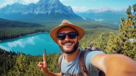A traveler stands on a mountain trail, wearing sunglasses and a hat, smiling broadly while taking a selfie with a stunning lake and forest backdrop under a bright sky.の素材
