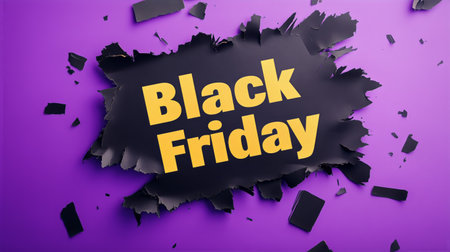 A vibrant purple background features a torn edge revealing a bold Black Friday message. This design is perfect for advertising holiday sales and attracting customers attention.の素材