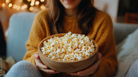 A person wearing a cozy sweater holds a large wooden bowl filled with popcorn, enjoying a relaxed evening in a warm living room adorned with soft, ambient lights.の素材
