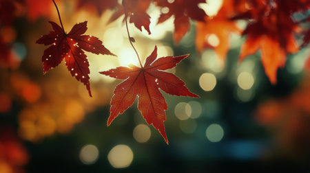 Bright red maple leaves shimmer under the warm glow of sunlight as fall sets in. The background features soft, blurred greens and yellows, creating a serene atmosphere.の素材