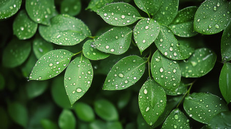 In a vibrant garden, dew-laden green leaves showcase drops of water, reflecting the freshness after a gentle rain. The early morning light enhances their colorful appearance.の素材