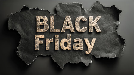 Torn paper reveals the words Black Friday against a simple neutral background, creating a striking visual for holiday shopping promotions. Ideal for marketing materials.の素材