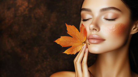 A woman gently holds an orange autumn leaf close to her face, showing her natural beauty. Soft brown lighting enhances her features and creates a warm atmosphere.の素材