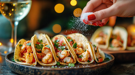 A hand sprinkles salt over a plate of shrimp tacos filled with toppings. A glass of wine is nearby, creating a warm atmosphere perfect for a delightful meal.の素材