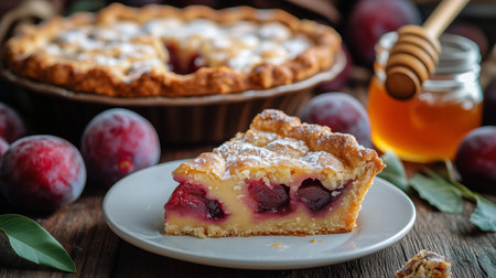 A freshly baked plum pie sits in a rustic kitchen with a slice served on a plate, garnished with powdered sugar and honey alongside ripe plums, creating a warm atmosphere.の素材