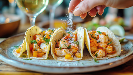 Fresh shrimp tacos are being seasoned with salt, showing vibrant colors of toppings. Two glasses of white wine add to the lively atmosphere of the dining experience.の素材