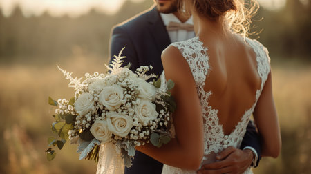 Celebrating a romantic moment, a couple stands together holding a white bouquet of roses and greenery during their outdoor wedding, surrounded by a serene landscape at sunset.の素材