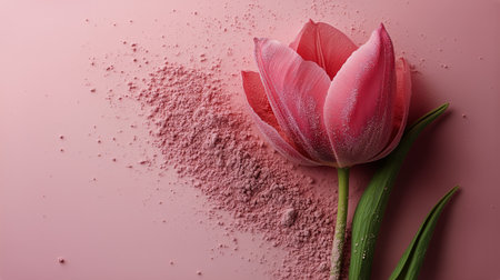 A pink tulip lies on a soft powdery pink surface, surrounded by a subtle dusting of powder. The gentle lighting enhances the flowers delicate petals and evokes a serene atmosphere.の素材